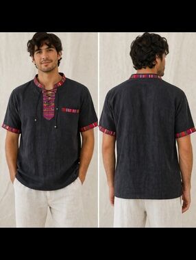 Men’s Guatemalan Woven Artisan Shirt Black Embroidered Boho Top XL